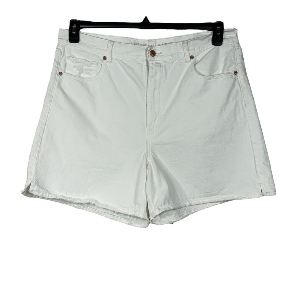 American Eagle SZ 18 Baggy Mom Jean Shorts Distressed Hi-Rise Frayed Hems White